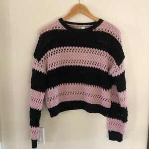Full Tilt Pink & Black Open Knit Stripe Crew Sweater